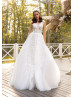 V Neck Pearls Beaded Ivory Lace Tulle Sparkly Wedding Dress